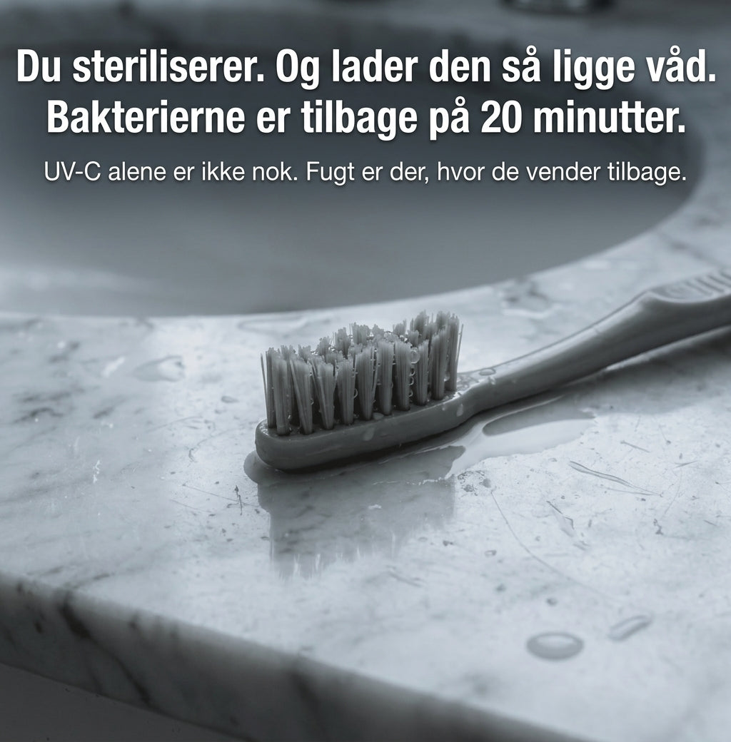 Fugtig tandbørste efterladt på badeværelsesbordet efter almindelig rengøring