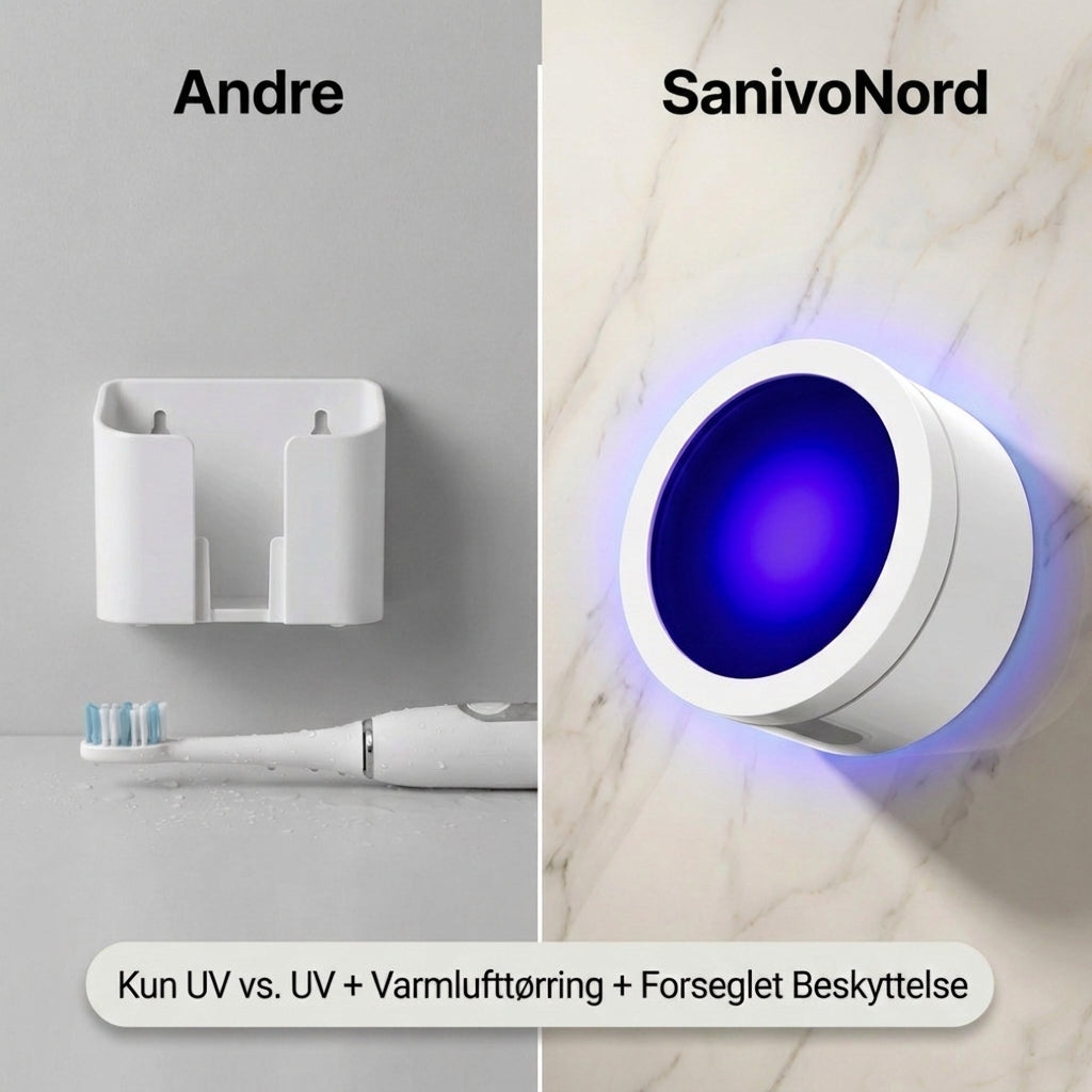 En almindelig tandbørsteholder til venstre mod SanivoNord monteret på væggen til højre